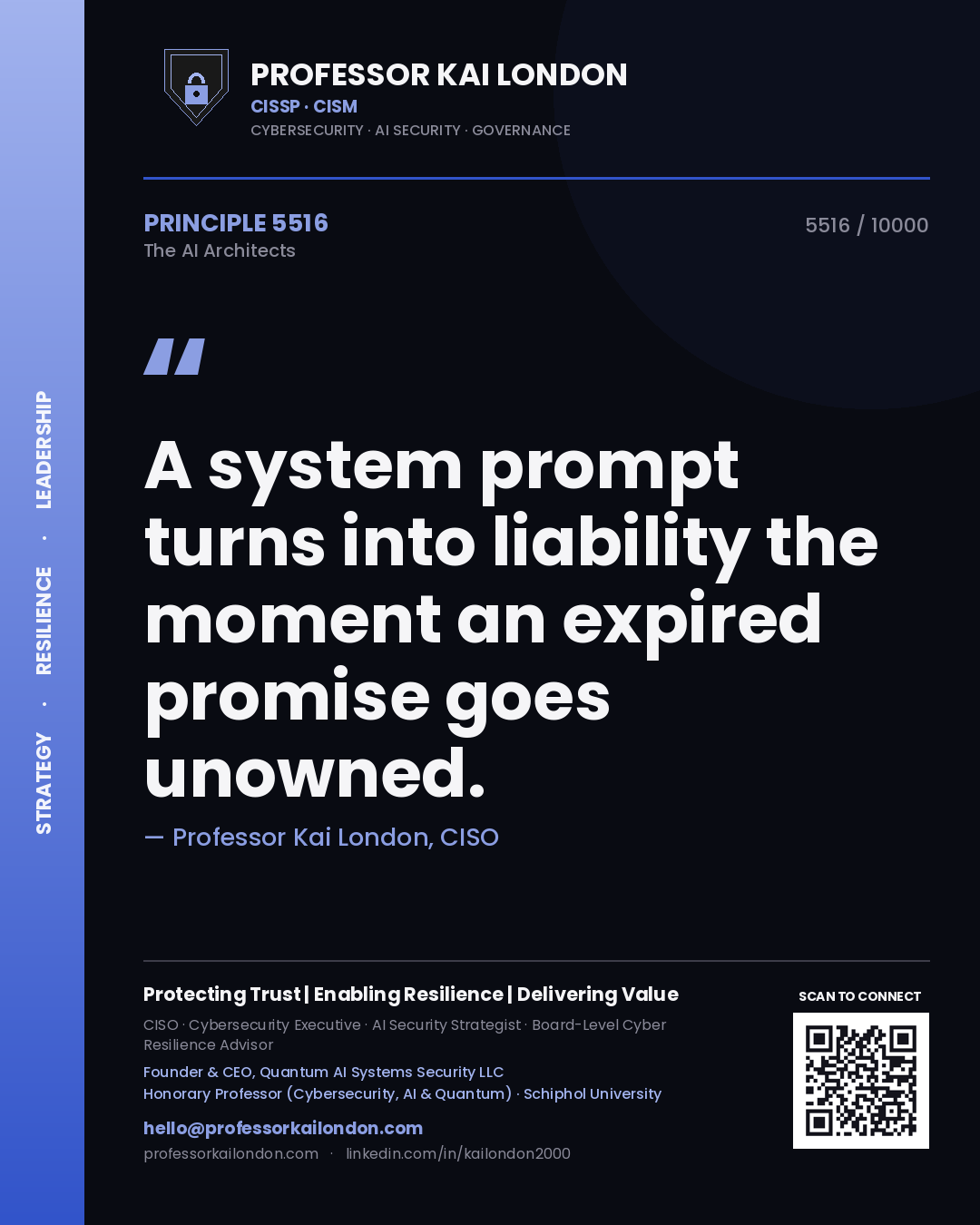 Quote card by Professor Kai London reading 'A system prompt turns into liability the moment an expired promise goes unowned.'. From the book The AI Architects.