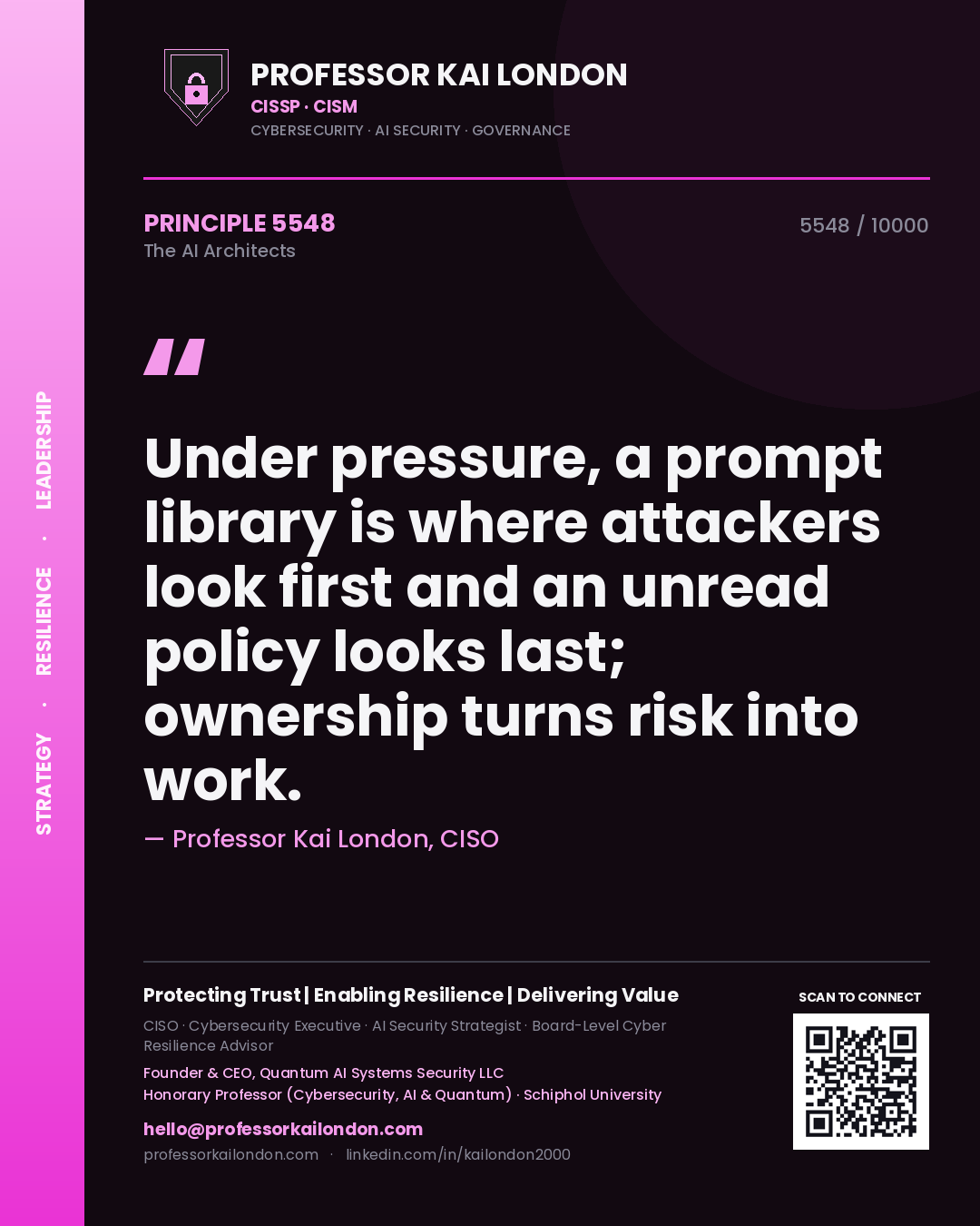 Professor Kai London principle 5548: Under pressure, a prompt library is where attackers look first and an unread policy looks last; ownership turns risk into work.
