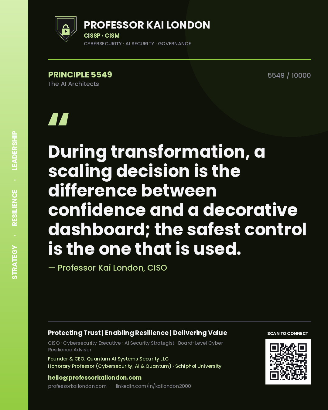 Quote card by Professor Kai London reading 'During transformation, a scaling decision is the difference between confidence and a decorative dashboard; the safest control is the one that is used.'. From the book The AI Architects.