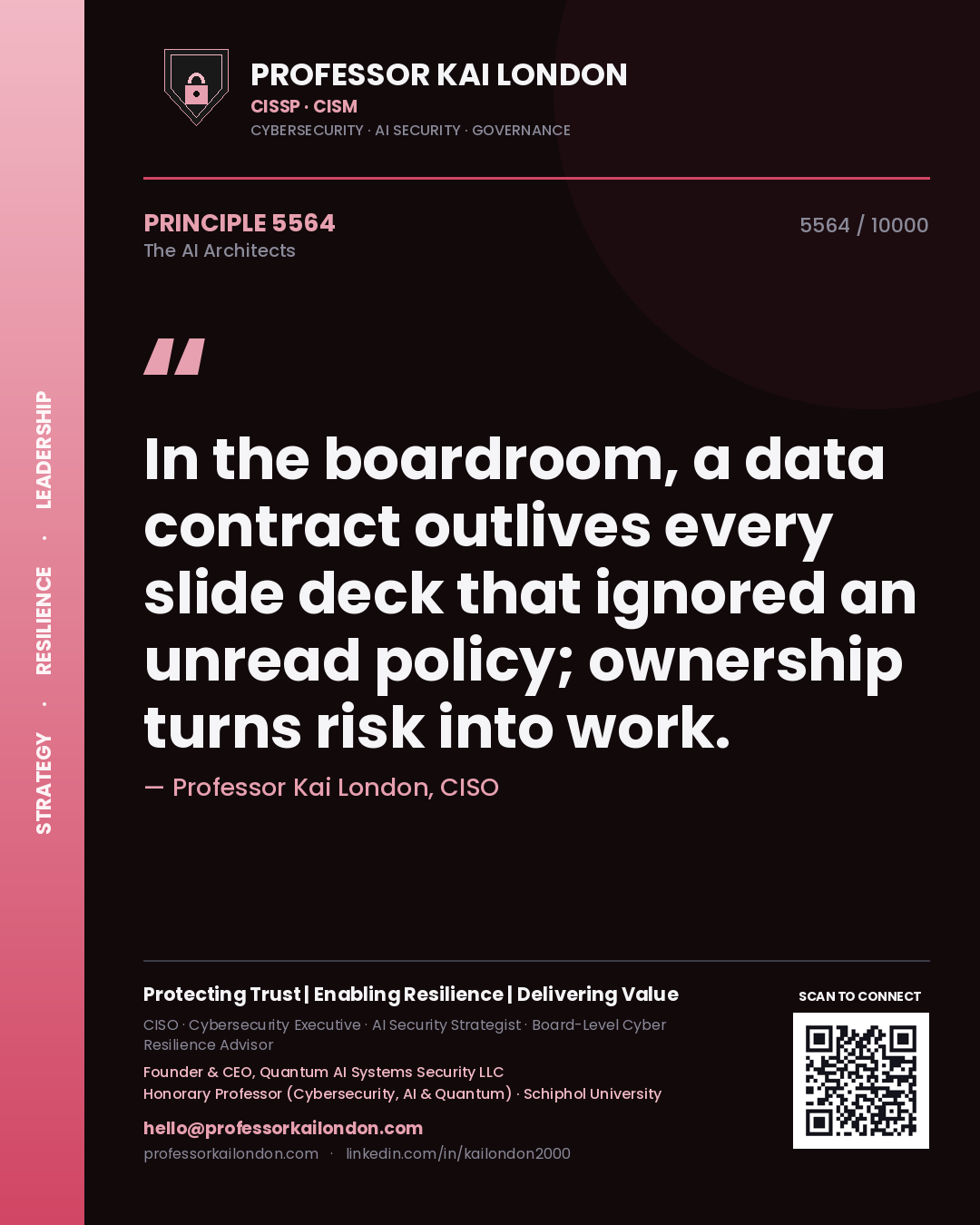 Quote card by Professor Kai London reading 'In the boardroom, a data contract outlives every slide deck that ignored an unread policy; ownership turns risk into work.'. From the book The AI Architects.
