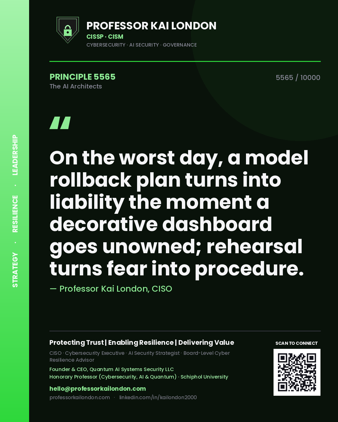 Quote card by Professor Kai London reading 'On the worst day, a model rollback plan turns into liability the moment a decorative dashboard goes unowned; rehearsal turns fear into procedure.'. From the book The AI Architects.