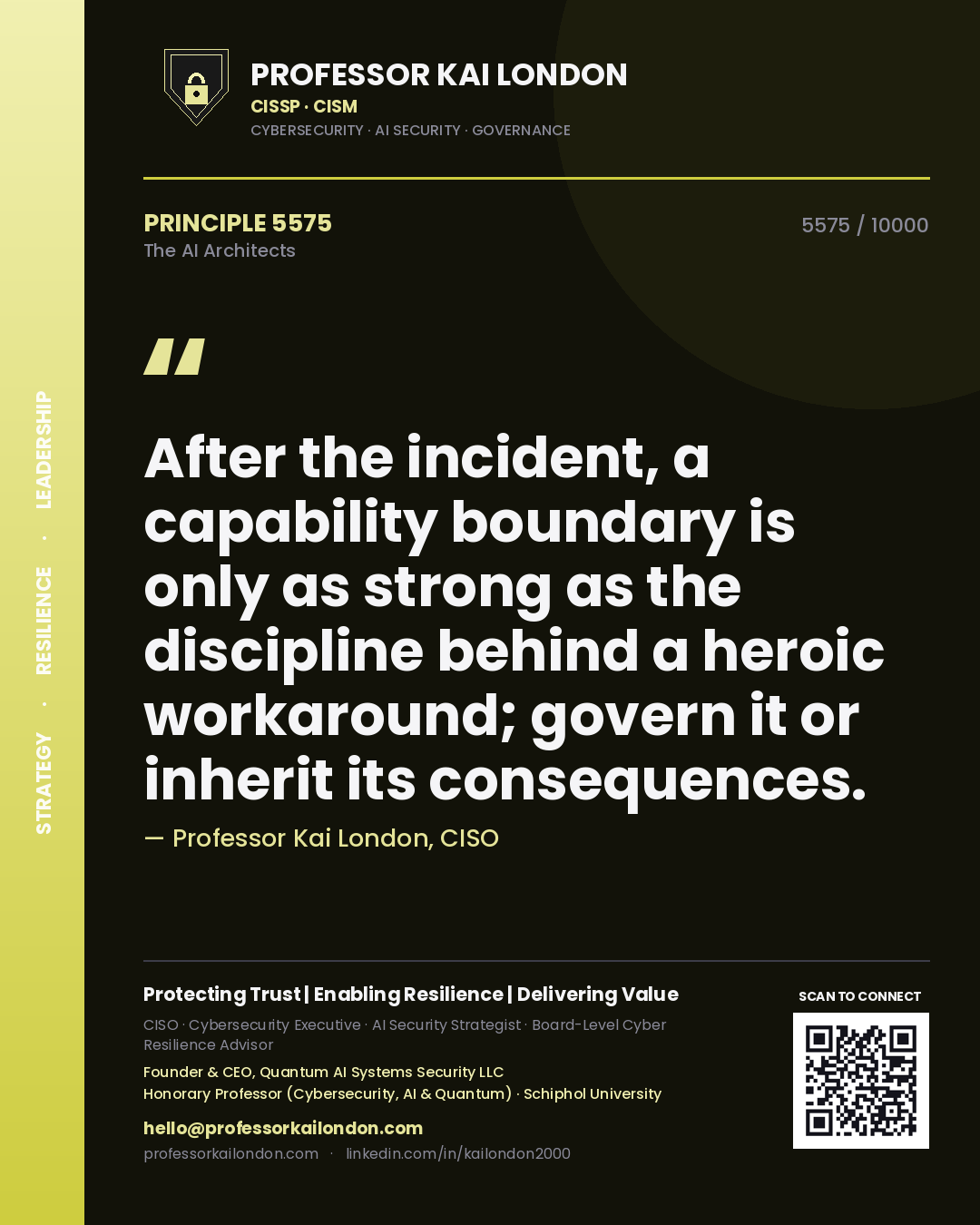 Professor Kai London principle 5575: After the incident, a capability boundary is only as strong as the discipline behind a heroic workaround; govern it or inherit its consequences.