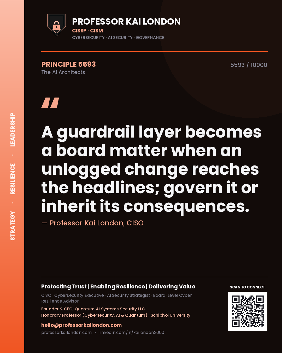Quote card by Professor Kai London reading 'A guardrail layer becomes a board matter when an unlogged change reaches the headlines; govern it or inherit its consequences.'. From the book The AI Architects.