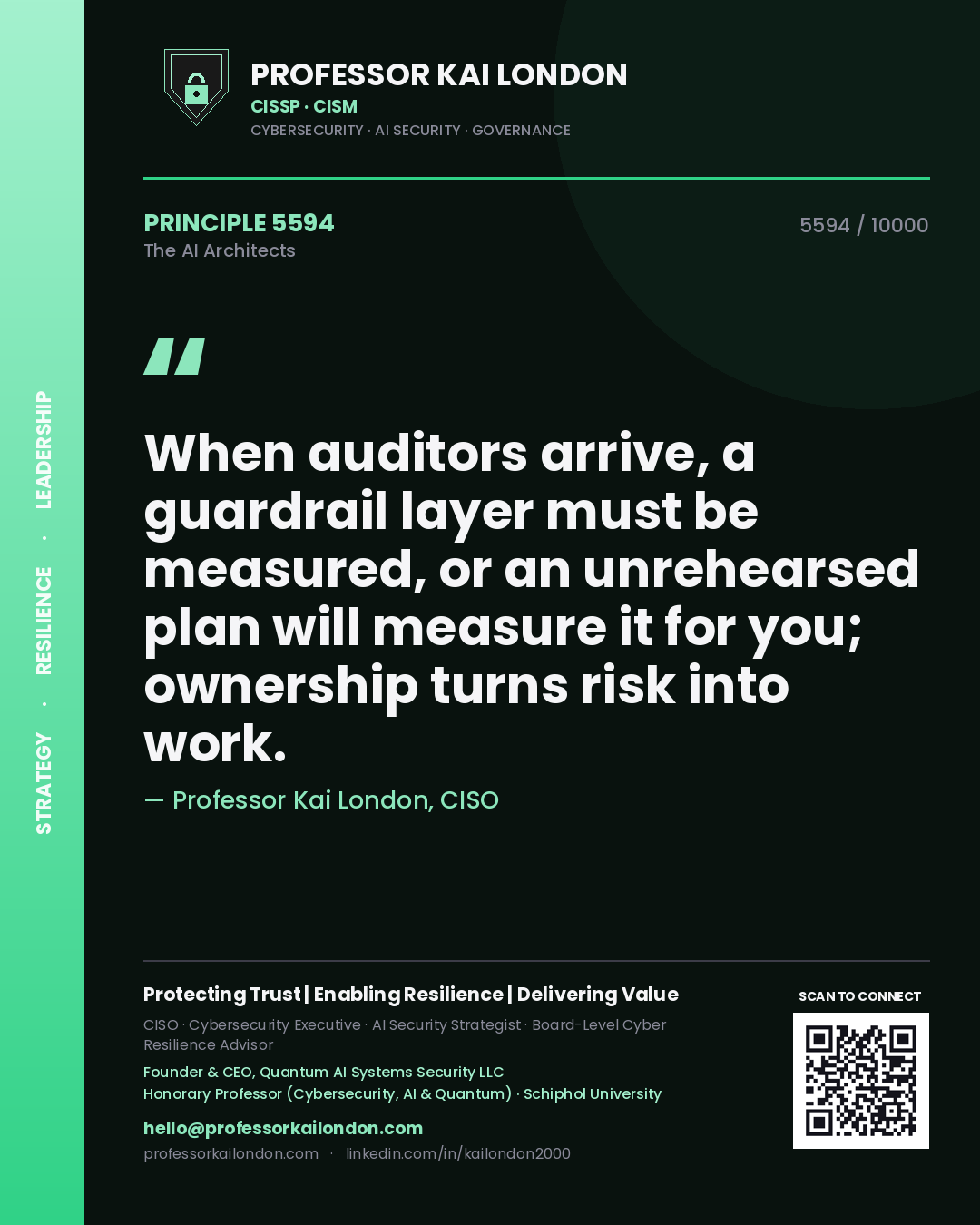 Quote card by Professor Kai London reading 'When auditors arrive, a guardrail layer must be measured, or an unrehearsed plan will measure it for you; ownership turns risk into work.'. From the book The AI Architects.