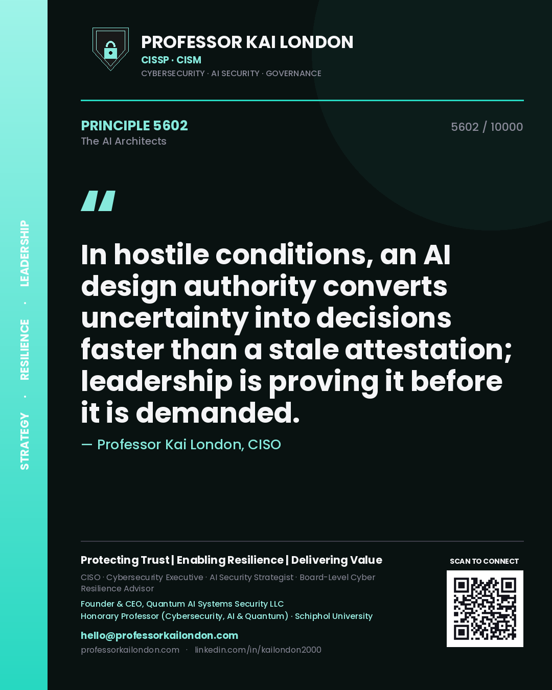 Professor Kai London principle 5602: In hostile conditions, an AI design authority converts uncertainty into decisions faster than a stale attestation; leadership is proving it before it is demanded.