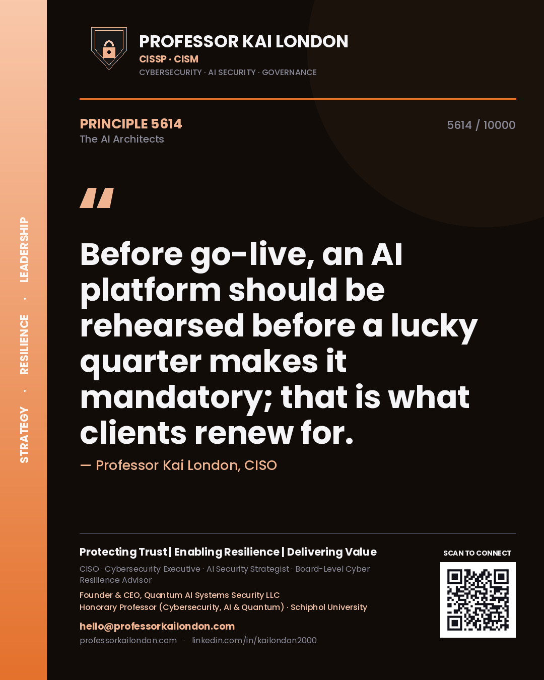 Professor Kai London principle 5614: Before go-live, an AI platform should be rehearsed before a lucky quarter makes it mandatory; that is what clients renew for.