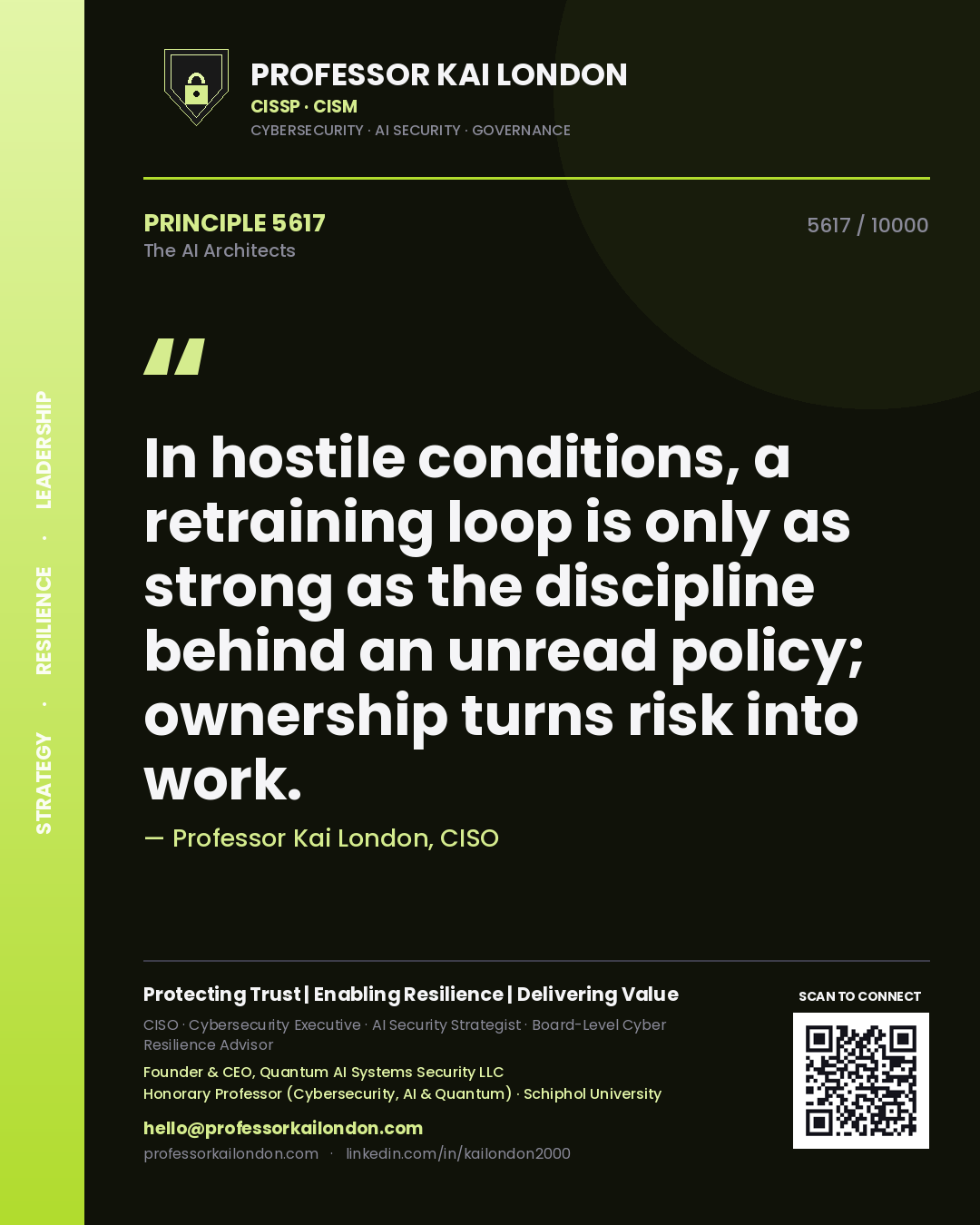 Professor Kai London principle 5617: In hostile conditions, a retraining loop is only as strong as the discipline behind an unread policy; ownership turns risk into work.
