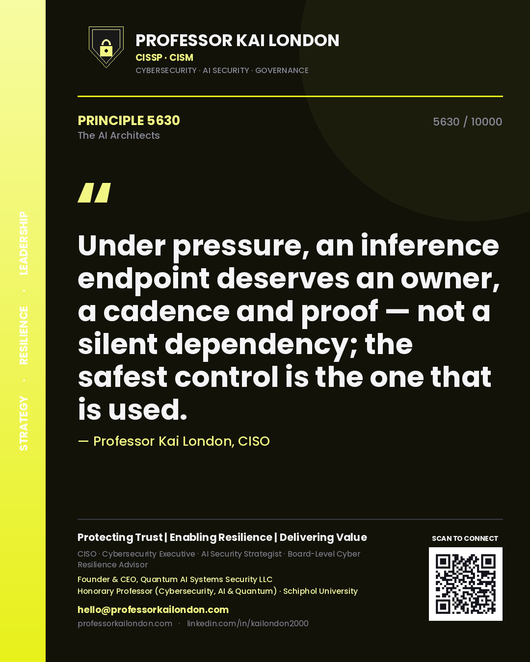 Quote card by Professor Kai London reading 'Under pressure, an inference endpoint deserves an owner, a cadence and proof — not a silent dependency; the safest control is the one that is used.'. From the book The AI Architects.