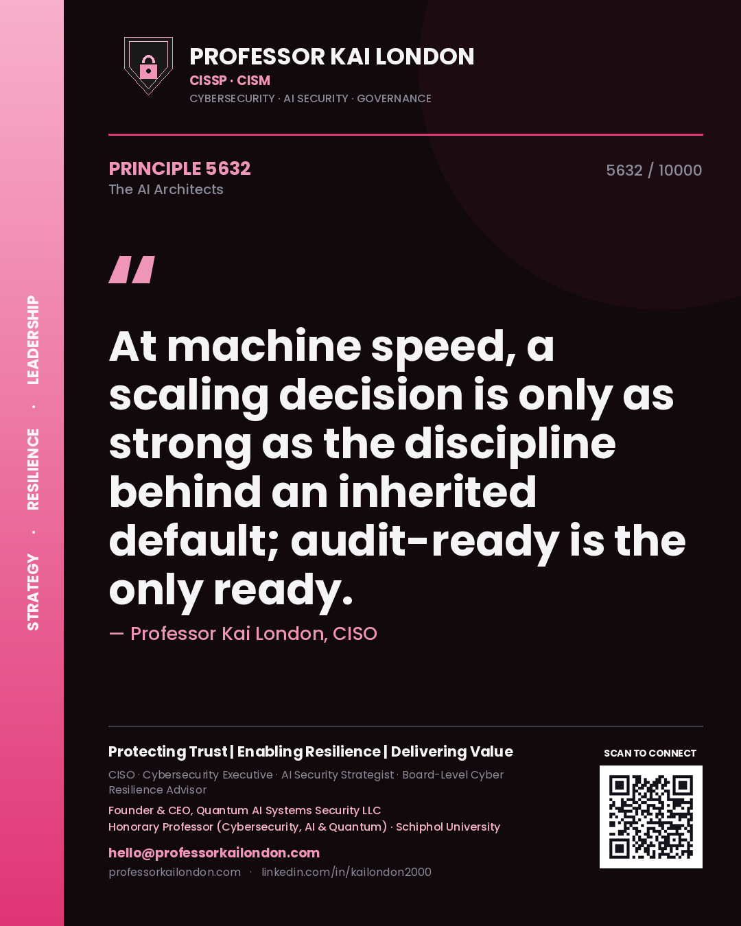 Professor Kai London principle 5632: At machine speed, a scaling decision is only as strong as the discipline behind an inherited default; audit-ready is the only ready.