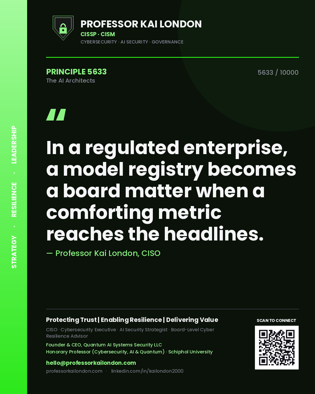 Quote card by Professor Kai London reading 'In a regulated enterprise, a model registry becomes a board matter when a comforting metric reaches the headlines.'. From the book The AI Architects.