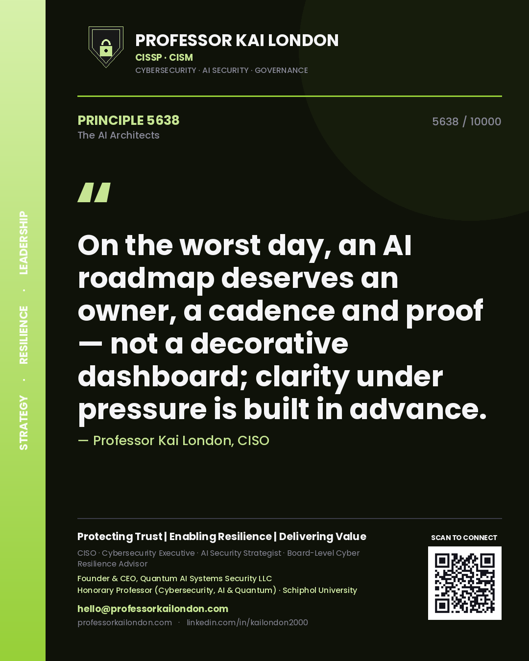 Professor Kai London principle 5638: On the worst day, an AI roadmap deserves an owner, a cadence and proof — not a decorative dashboard; clarity under pressure is built in advance.