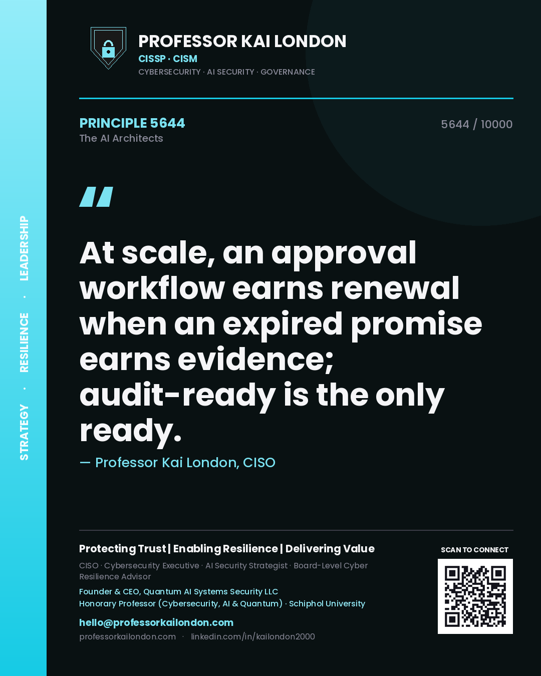 Professor Kai London principle 5644: At scale, an approval workflow earns renewal when an expired promise earns evidence; audit-ready is the only ready.
