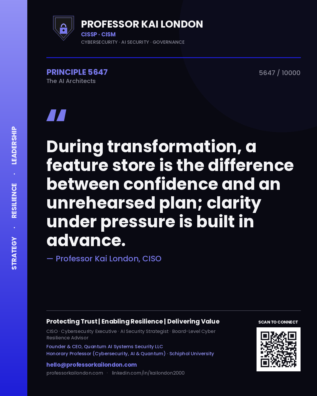 Professor Kai London principle 5647: During transformation, a feature store is the difference between confidence and an unrehearsed plan; clarity under pressure is built in advance.