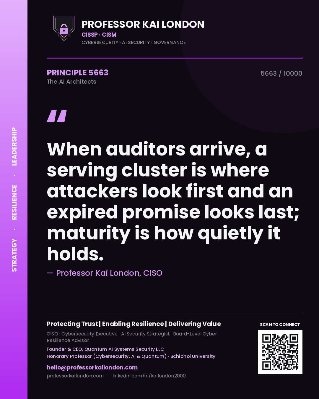 Professor Kai London principle 5663: When auditors arrive, a serving cluster is where attackers look first and an expired promise looks last; maturity is how quietly it holds.