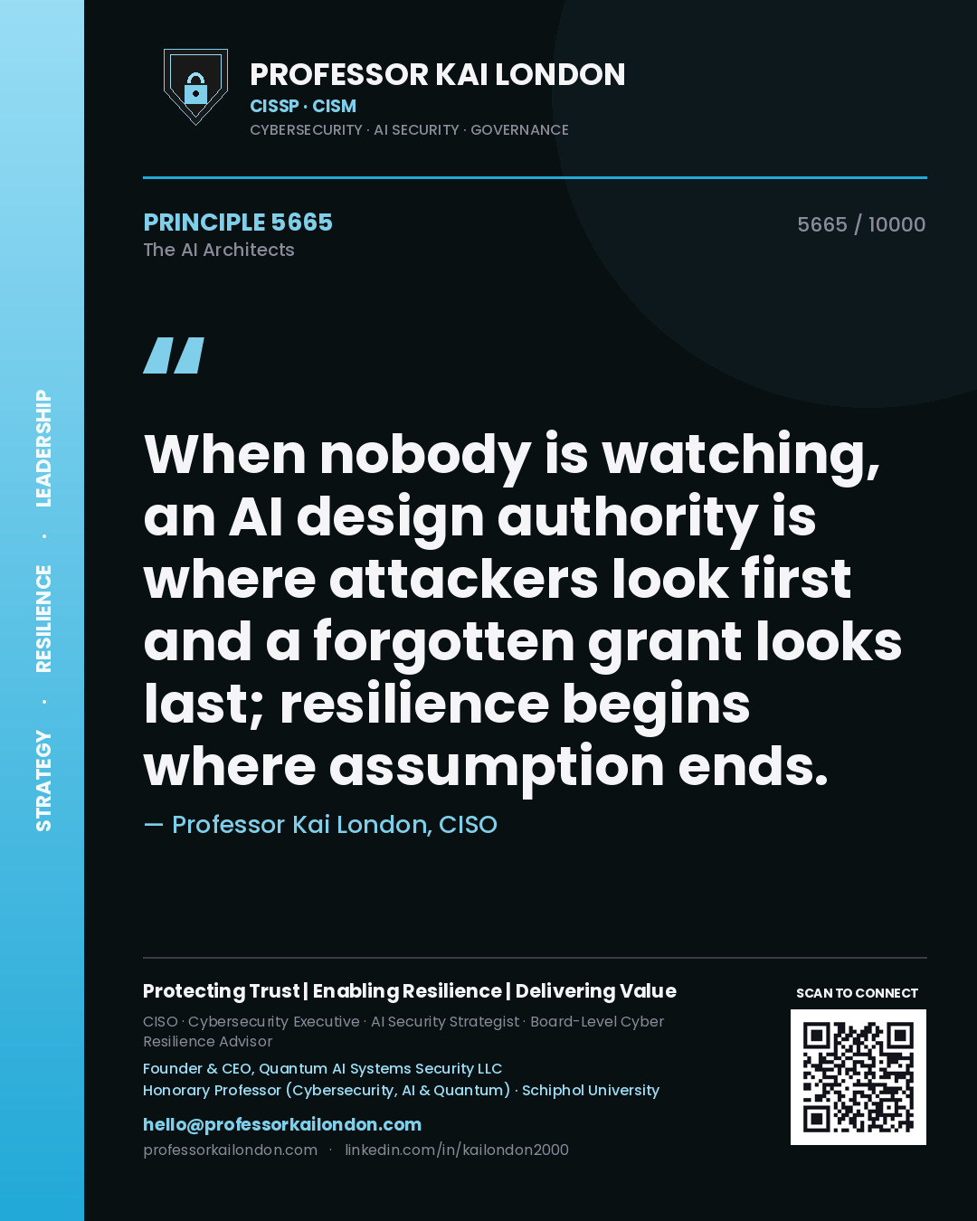Quote card by Professor Kai London reading 'When nobody is watching, an AI design authority is where attackers look first and a forgotten grant looks last; resilience begins where assumption ends.'. From the book The AI Architects.