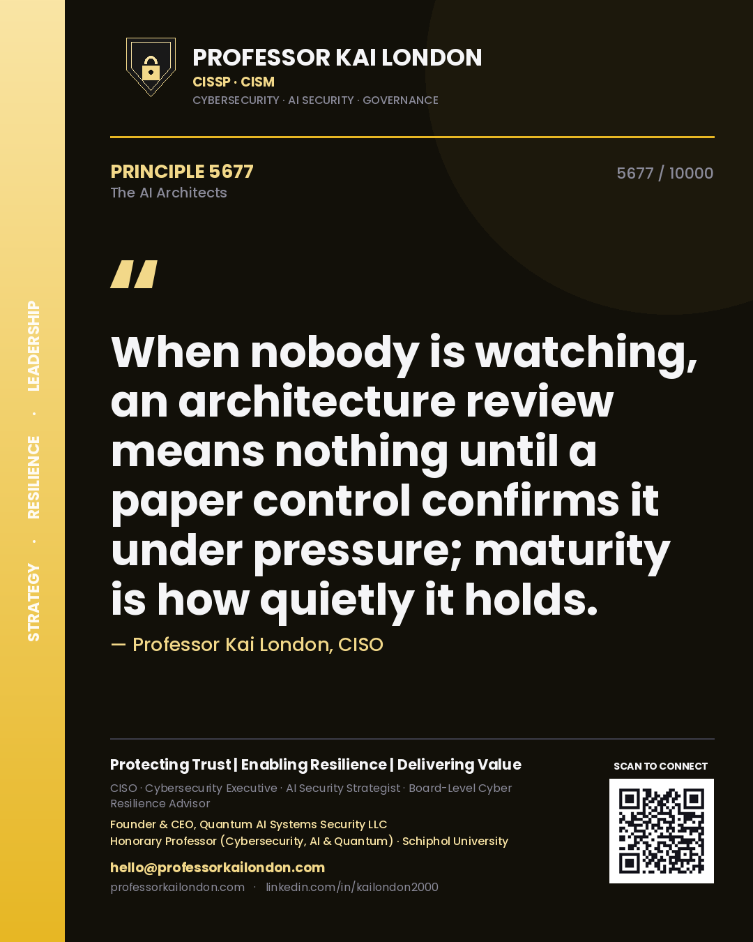 Professor Kai London principle 5677: When nobody is watching, an architecture review means nothing until a paper control confirms it under pressure; maturity is how quietly it holds.