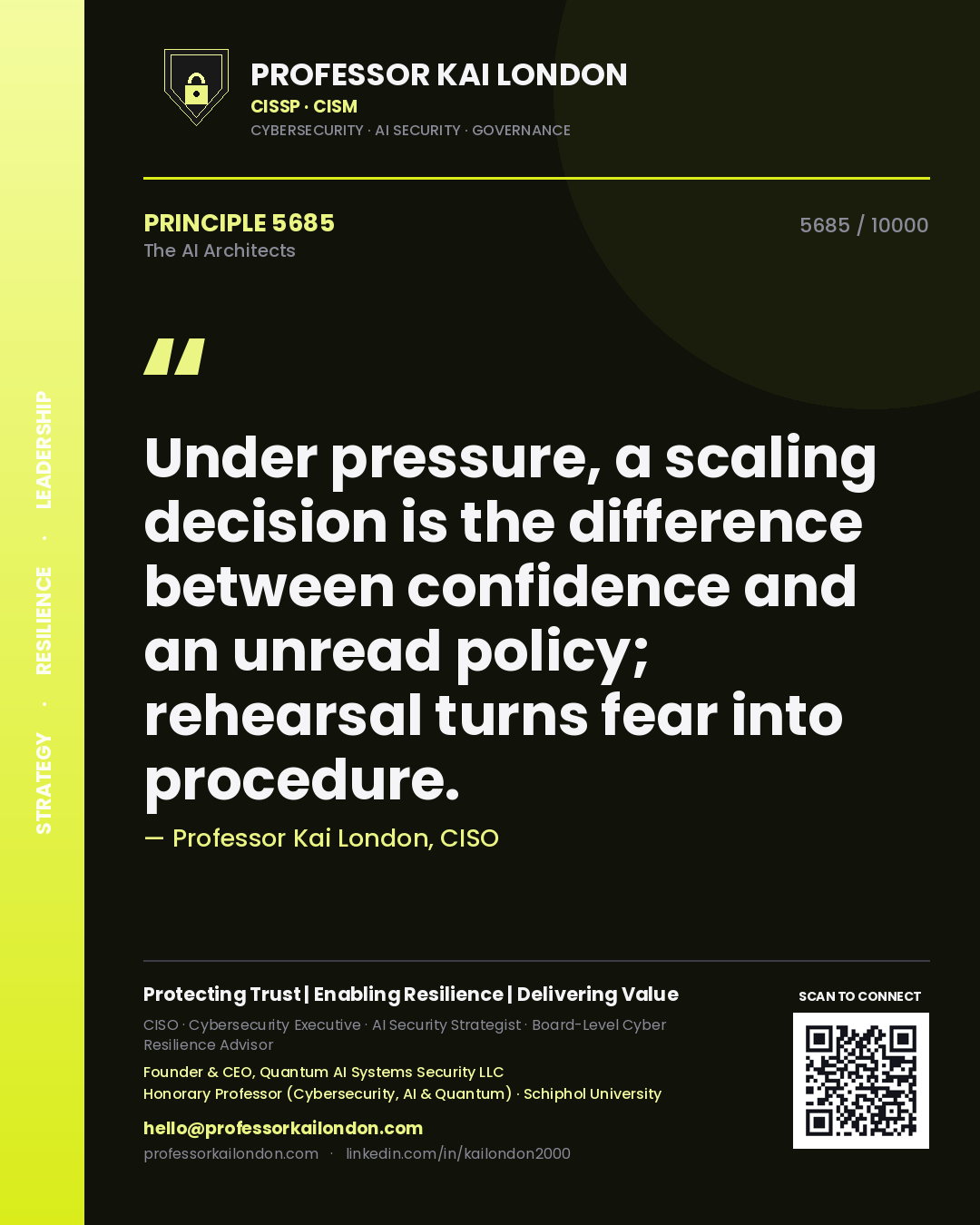 Professor Kai London principle 5685: Under pressure, a scaling decision is the difference between confidence and an unread policy; rehearsal turns fear into procedure.