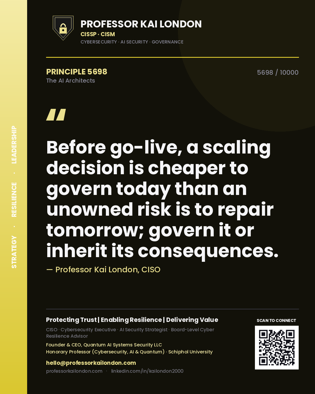 Professor Kai London principle 5698: Before go-live, a scaling decision is cheaper to govern today than an unowned risk is to repair tomorrow; govern it or inherit its consequences.