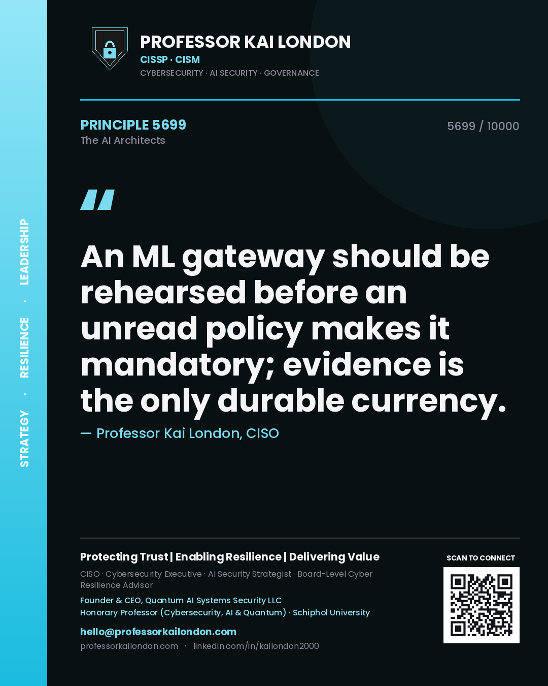 Quote card by Professor Kai London reading 'An ML gateway should be rehearsed before an unread policy makes it mandatory; evidence is the only durable currency.'. From the book The AI Architects.