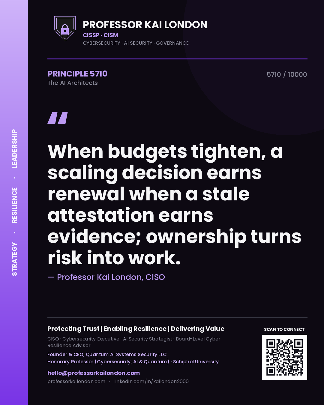 Quote card by Professor Kai London reading 'When budgets tighten, a scaling decision earns renewal when a stale attestation earns evidence; ownership turns risk into work.'. From the book The AI Architects.