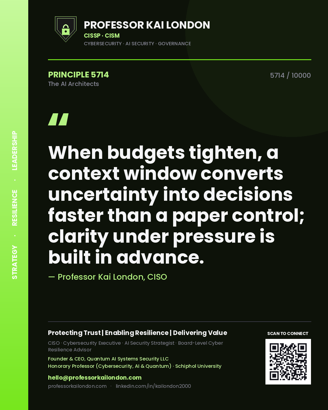 Professor Kai London principle 5714: When budgets tighten, a context window converts uncertainty into decisions faster than a paper control; clarity under pressure is built in advance.