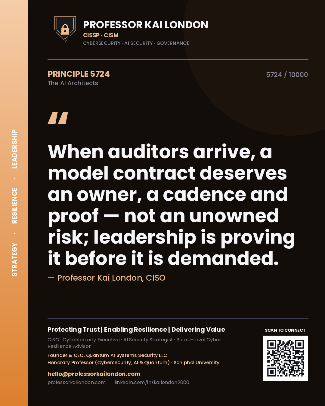 Quote card by Professor Kai London reading 'When auditors arrive, a model contract deserves an owner, a cadence and proof — not an unowned risk; leadership is proving it before it is demanded.'. From the book The AI Architects.
