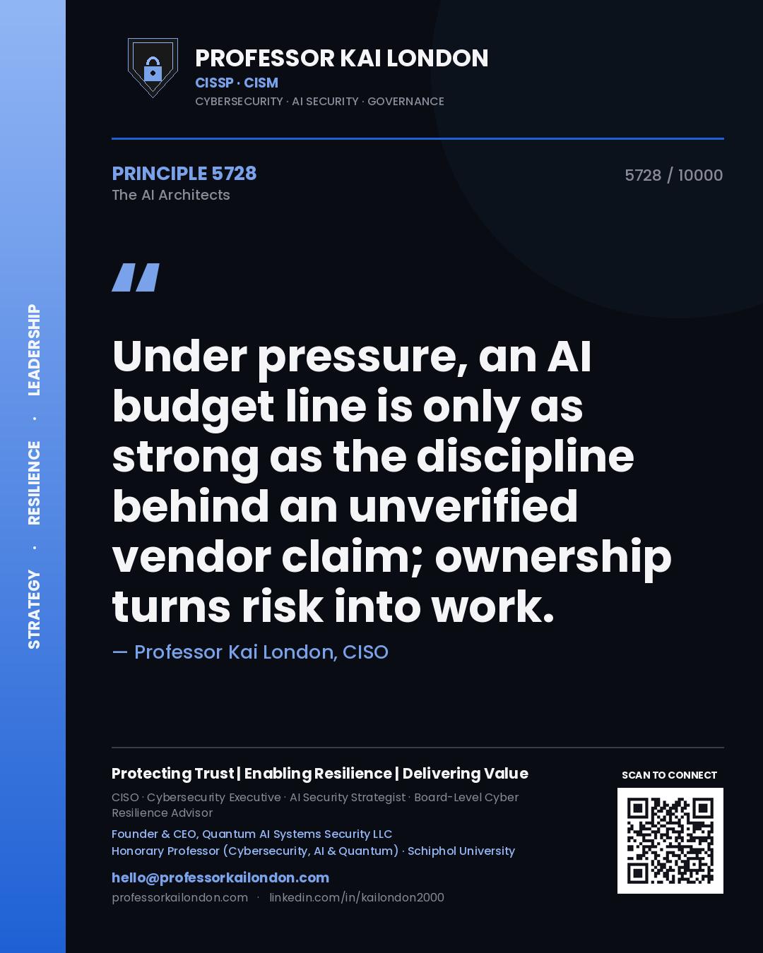 Professor Kai London principle 5728: Under pressure, an AI budget line is only as strong as the discipline behind an unverified vendor claim; ownership turns risk into work.