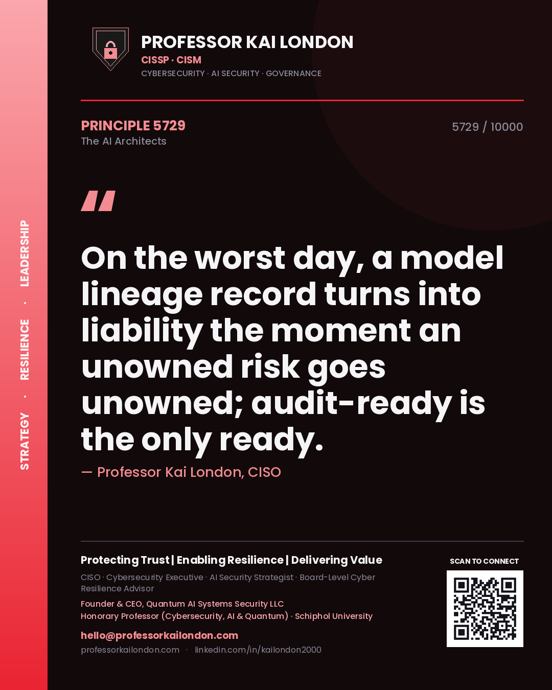Professor Kai London principle 5729: On the worst day, a model lineage record turns into liability the moment an unowned risk goes unowned; audit-ready is the only ready.