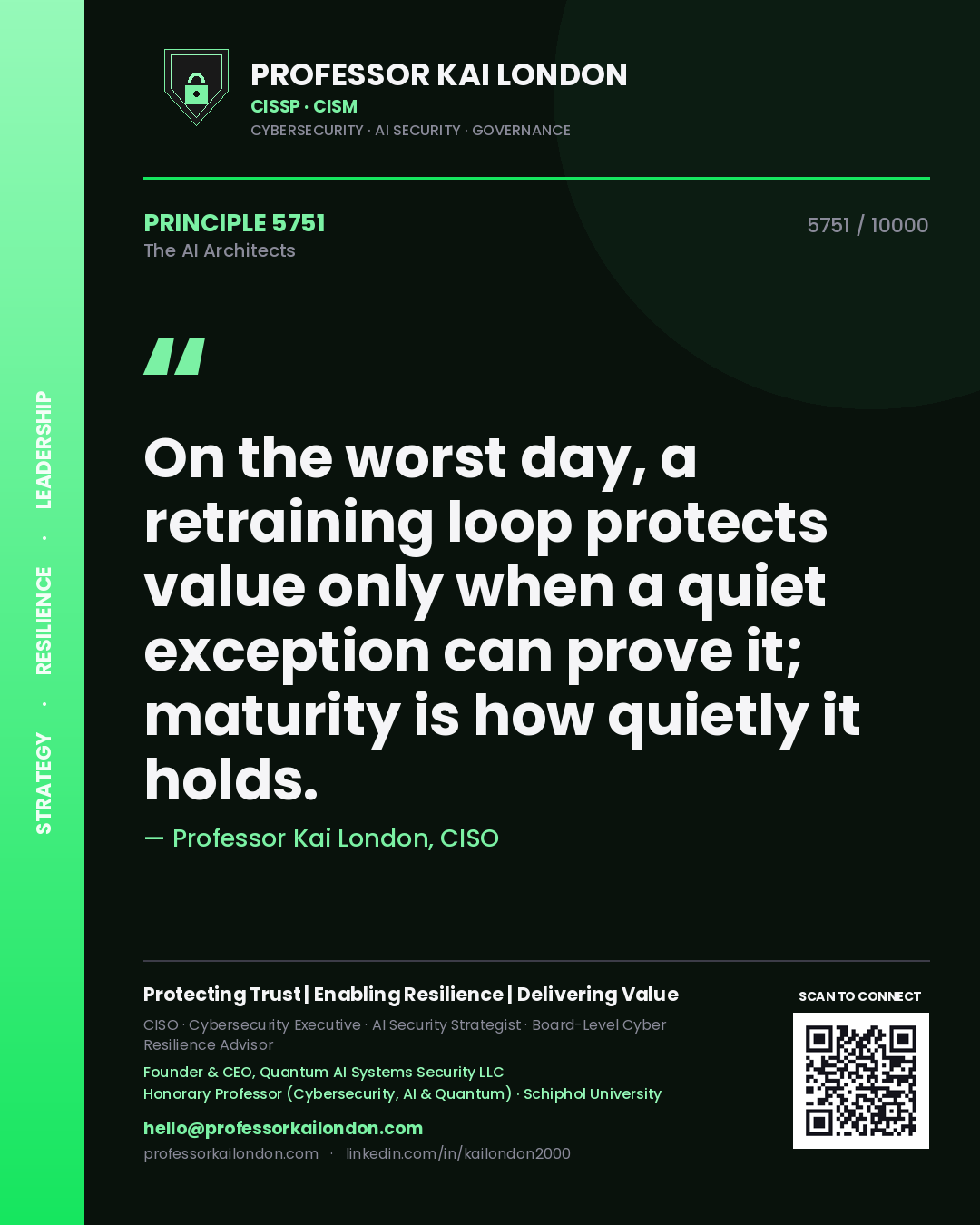 Quote card by Professor Kai London reading 'On the worst day, a retraining loop protects value only when a quiet exception can prove it; maturity is how quietly it holds.'. From the book The AI Architects.