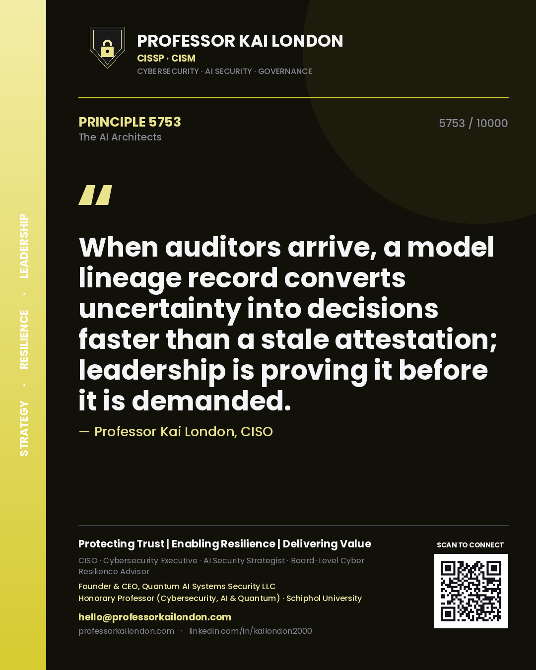 Professor Kai London principle 5753: When auditors arrive, a model lineage record converts uncertainty into decisions faster than a stale attestation; leadership is proving it before it is demanded.