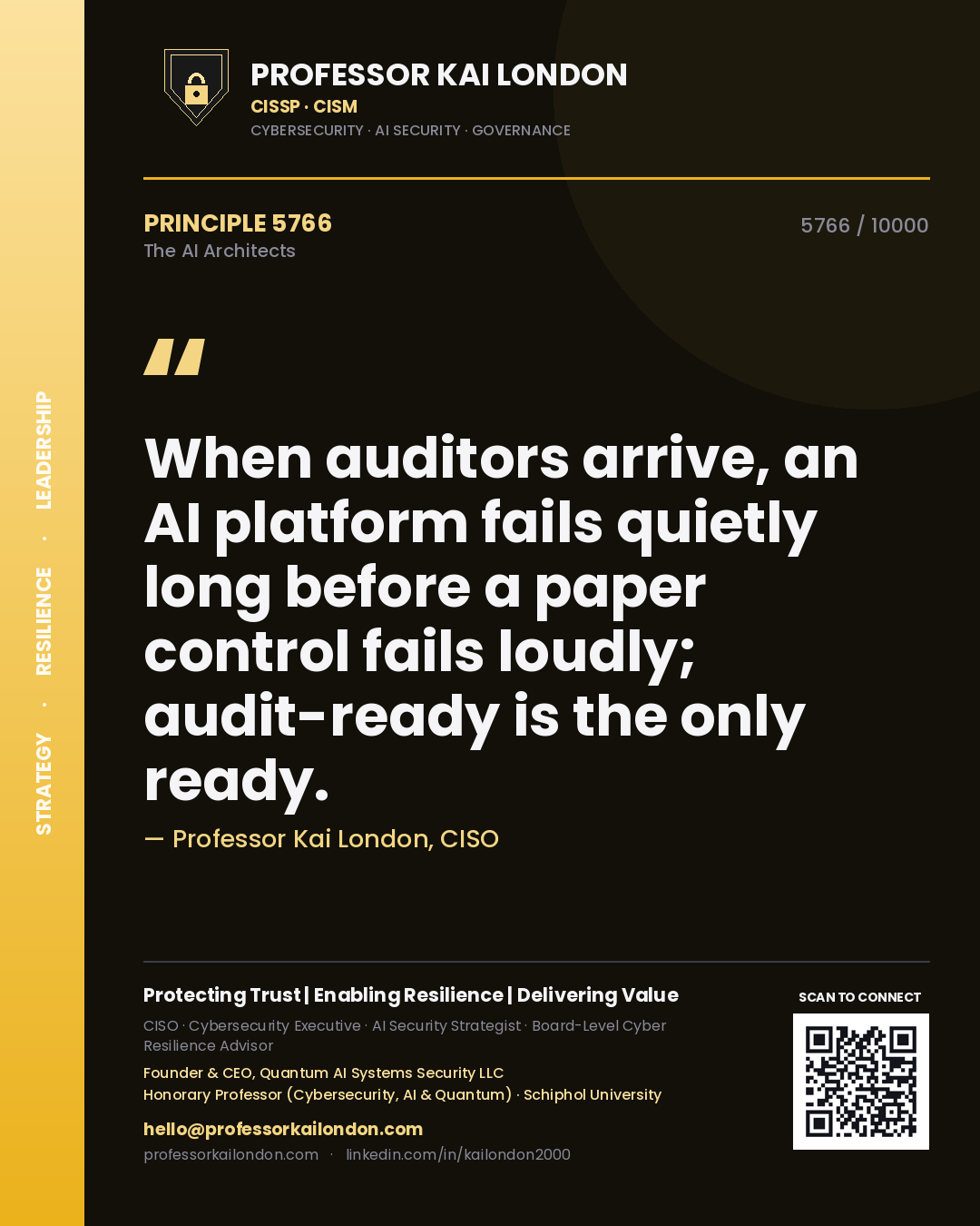Professor Kai London principle 5766: When auditors arrive, an AI platform fails quietly long before a paper control fails loudly; audit-ready is the only ready.
