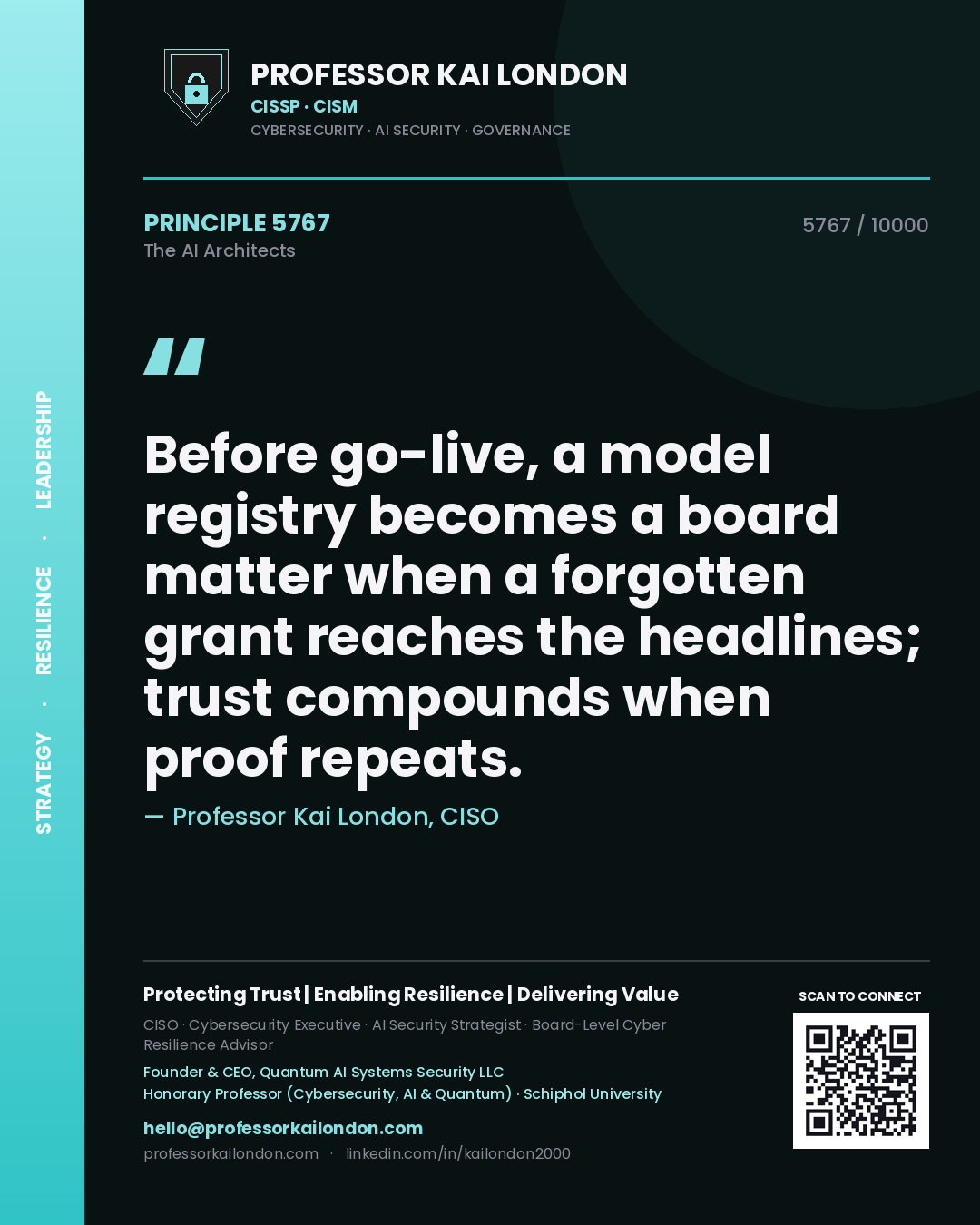 Quote card by Professor Kai London reading 'Before go-live, a model registry becomes a board matter when a forgotten grant reaches the headlines; trust compounds when proof repeats.'. From the book The AI Architects.