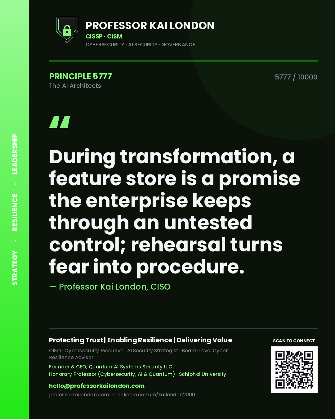Quote card by Professor Kai London reading 'During transformation, a feature store is a promise the enterprise keeps through an untested control; rehearsal turns fear into procedure.'. From the book The AI Architects.