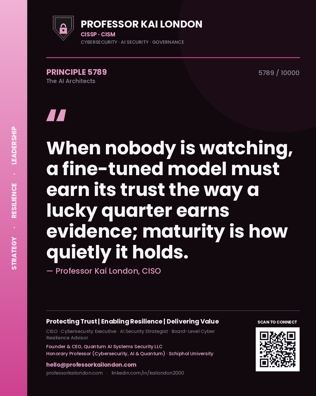 Quote card by Professor Kai London reading 'When nobody is watching, a fine-tuned model must earn its trust the way a lucky quarter earns evidence; maturity is how quietly it holds.'. From the book The AI Architects.
