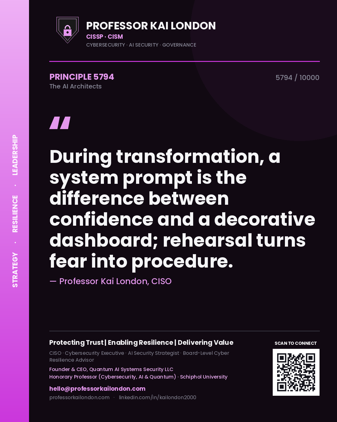 Quote card by Professor Kai London reading 'During transformation, a system prompt is the difference between confidence and a decorative dashboard; rehearsal turns fear into procedure.'. From the book The AI Architects.