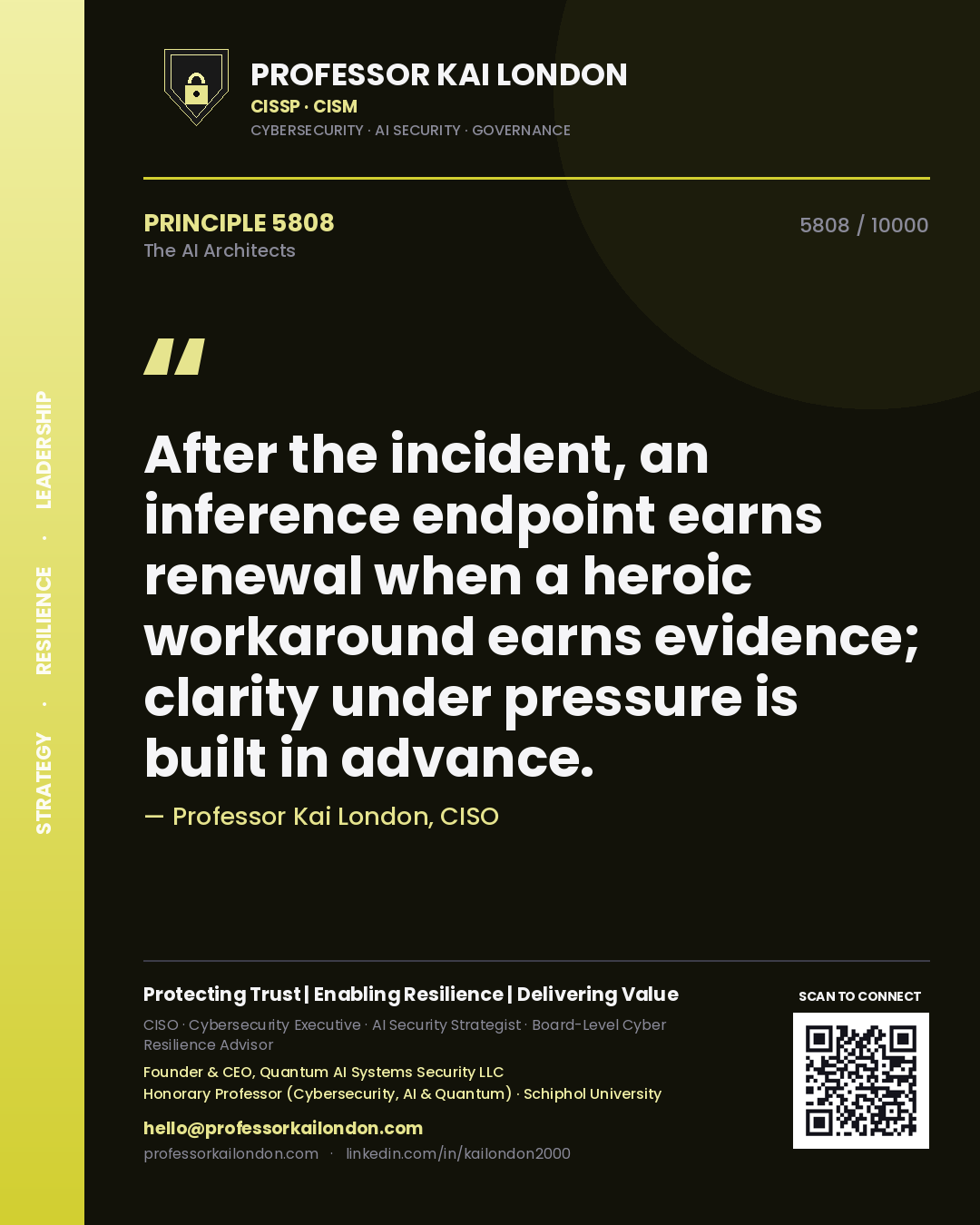 Quote card by Professor Kai London reading 'After the incident, an inference endpoint earns renewal when a heroic workaround earns evidence; clarity under pressure is built in advance.'. From the book The AI Architects.