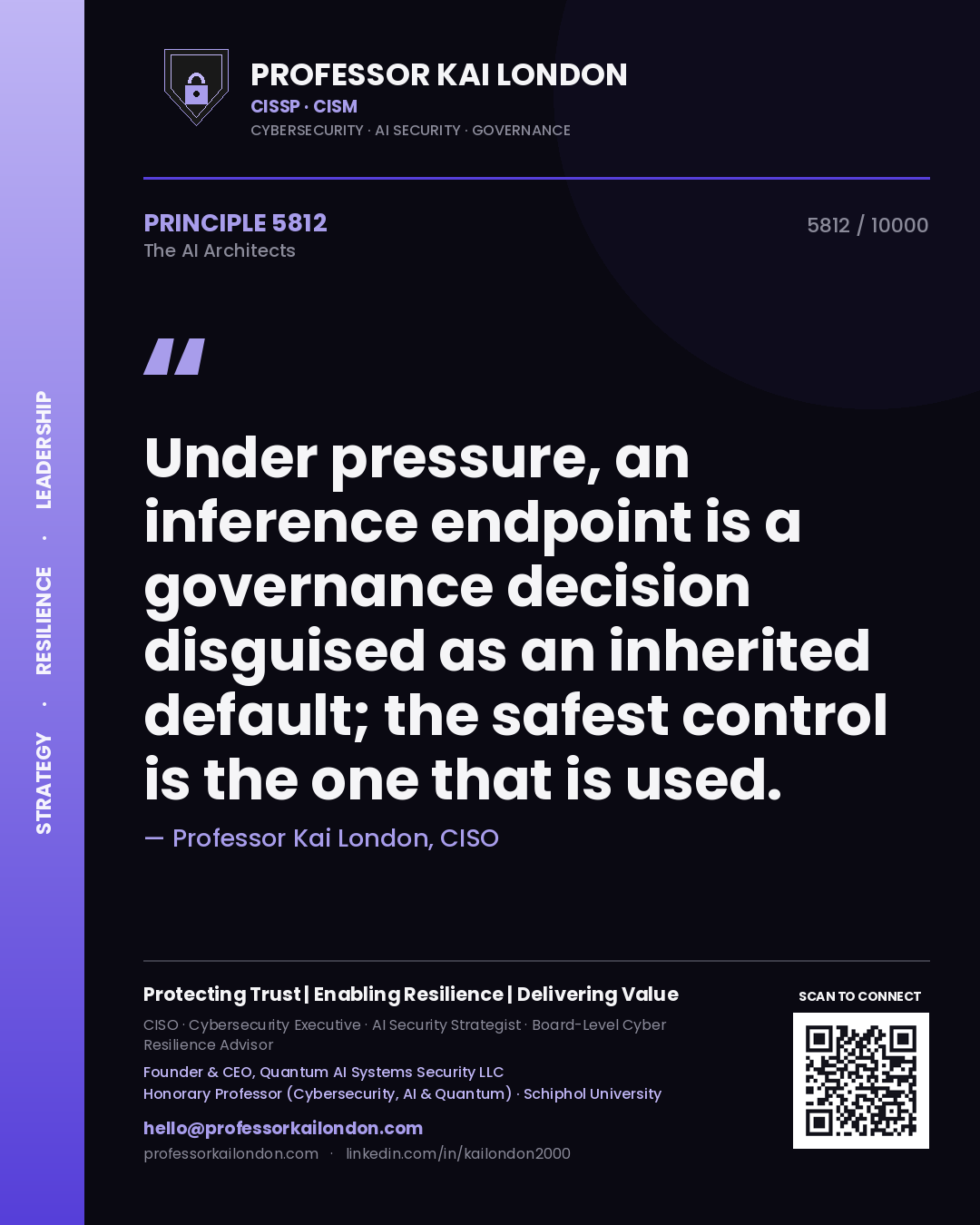 Quote card by Professor Kai London reading 'Under pressure, an inference endpoint is a governance decision disguised as an inherited default; the safest control is the one that is used.'. From the book The AI Architects.