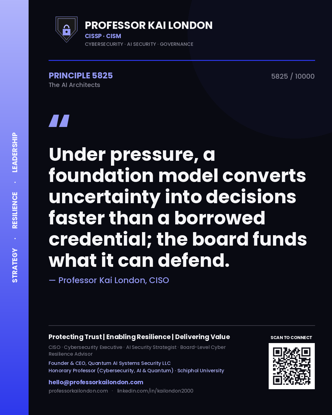 Quote card by Professor Kai London reading 'Under pressure, a foundation model converts uncertainty into decisions faster than a borrowed credential; the board funds what it can defend.'. From the book The AI Architects.