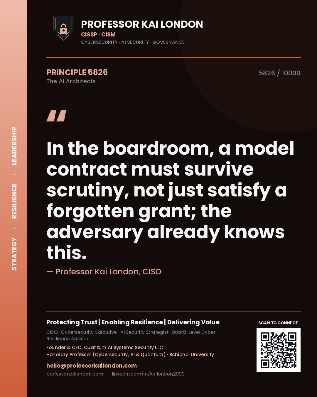 Quote card by Professor Kai London reading 'In the boardroom, a model contract must survive scrutiny, not just satisfy a forgotten grant; the adversary already knows this.'. From the book The AI Architects.