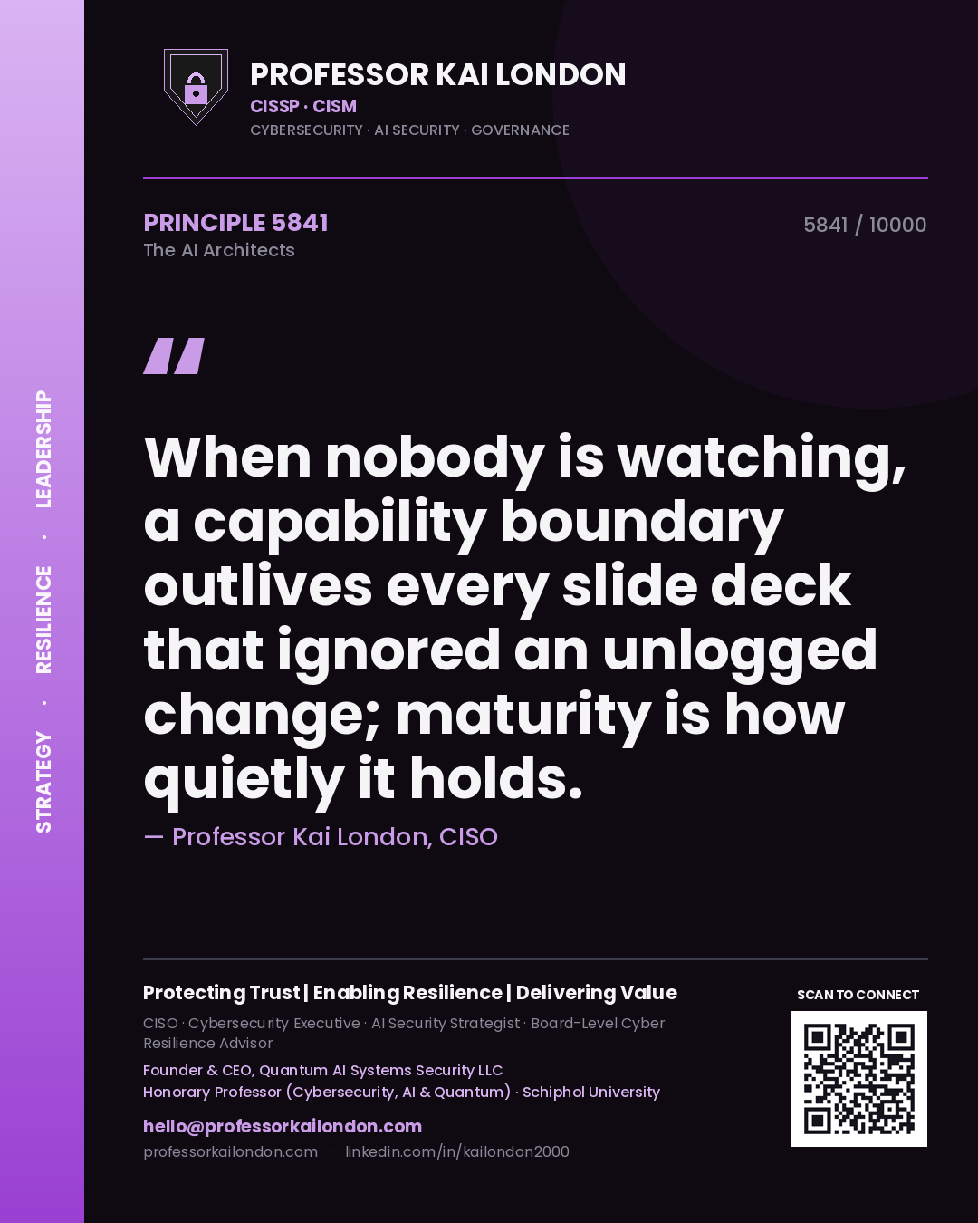Professor Kai London principle 5841: When nobody is watching, a capability boundary outlives every slide deck that ignored an unlogged change; maturity is how quietly it holds.
