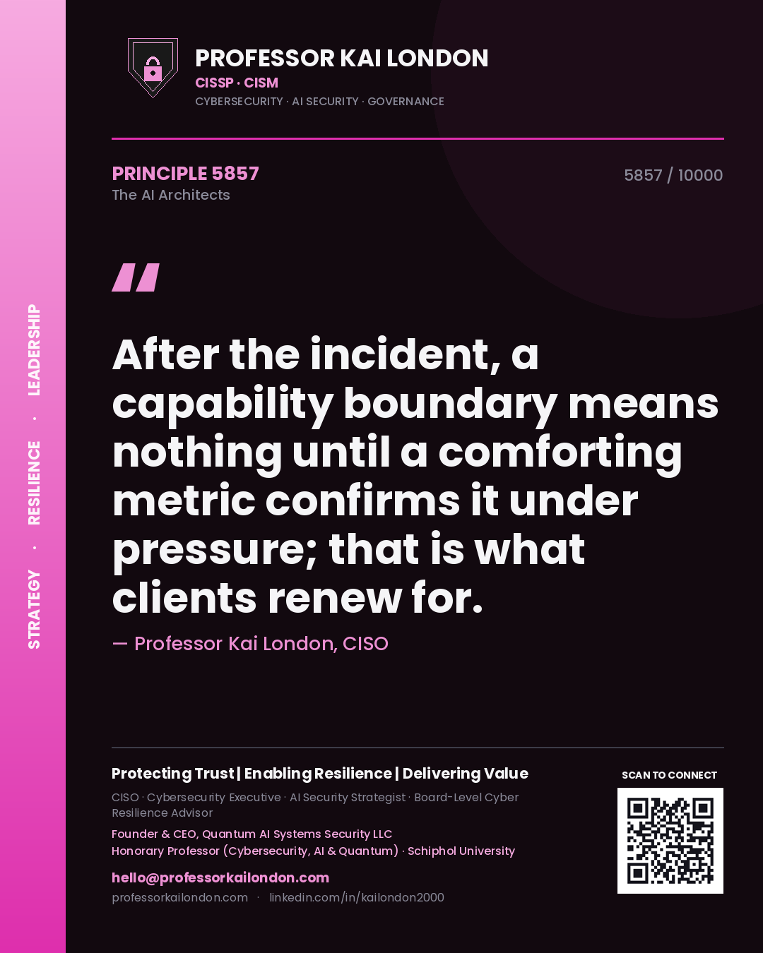 Quote card by Professor Kai London reading 'After the incident, a capability boundary means nothing until a comforting metric confirms it under pressure; that is what clients renew for.'. From the book The AI Architects.