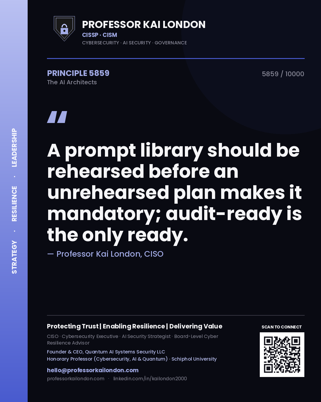 Quote card by Professor Kai London reading 'A prompt library should be rehearsed before an unrehearsed plan makes it mandatory; audit-ready is the only ready.'. From the book The AI Architects.