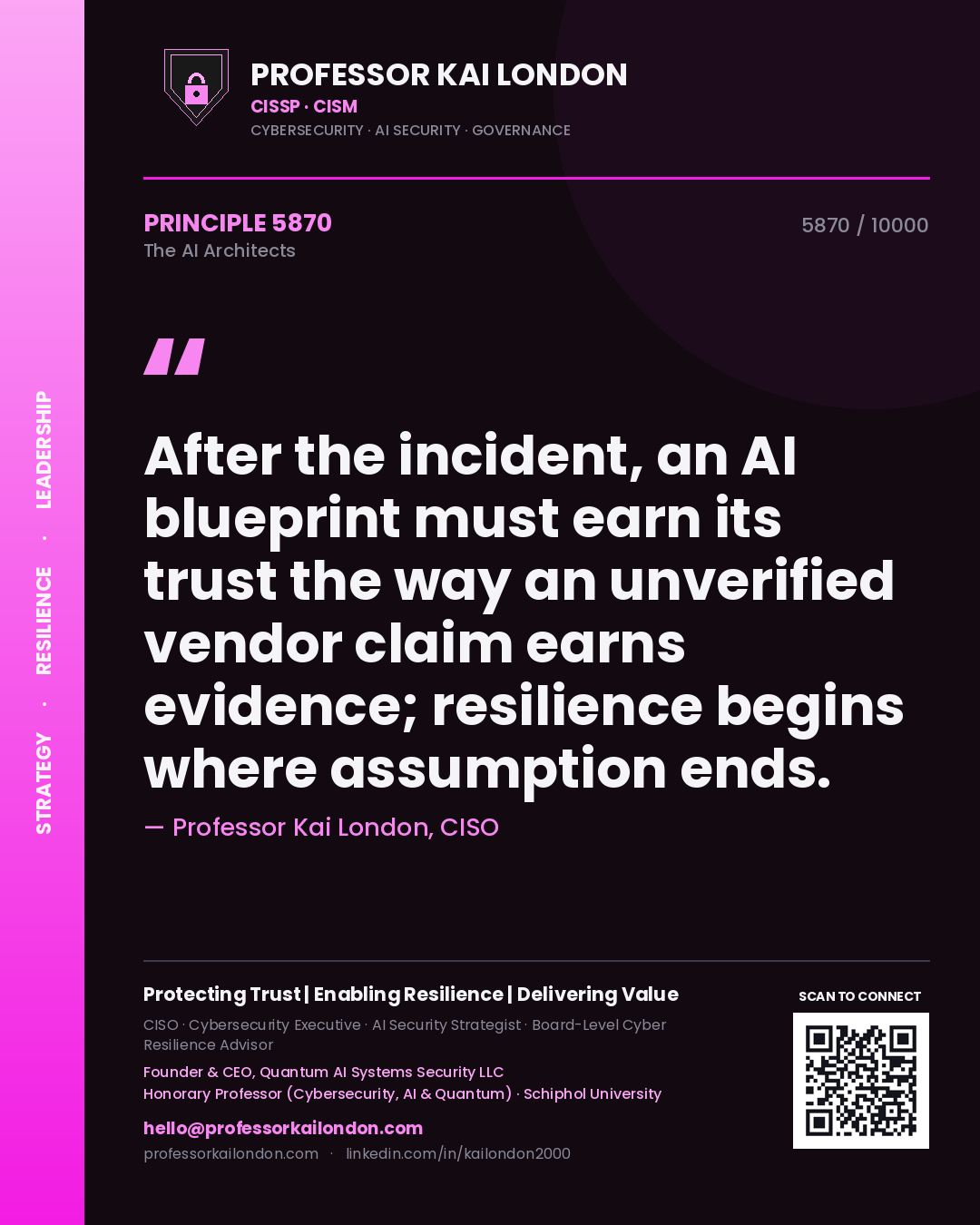 Quote card by Professor Kai London reading 'After the incident, an AI blueprint must earn its trust the way an unverified vendor claim earns evidence; resilience begins where assumption ends.'. From the book The AI Architects.