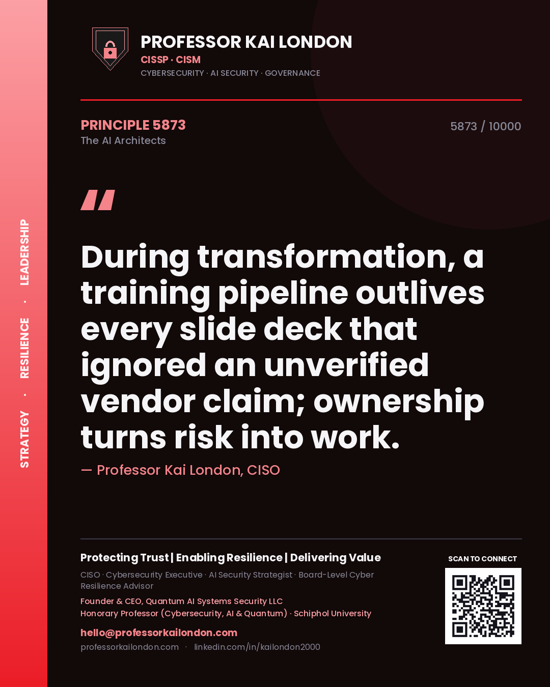 Quote card by Professor Kai London reading 'During transformation, a training pipeline outlives every slide deck that ignored an unverified vendor claim; ownership turns risk into work.'. From the book The AI Architects.