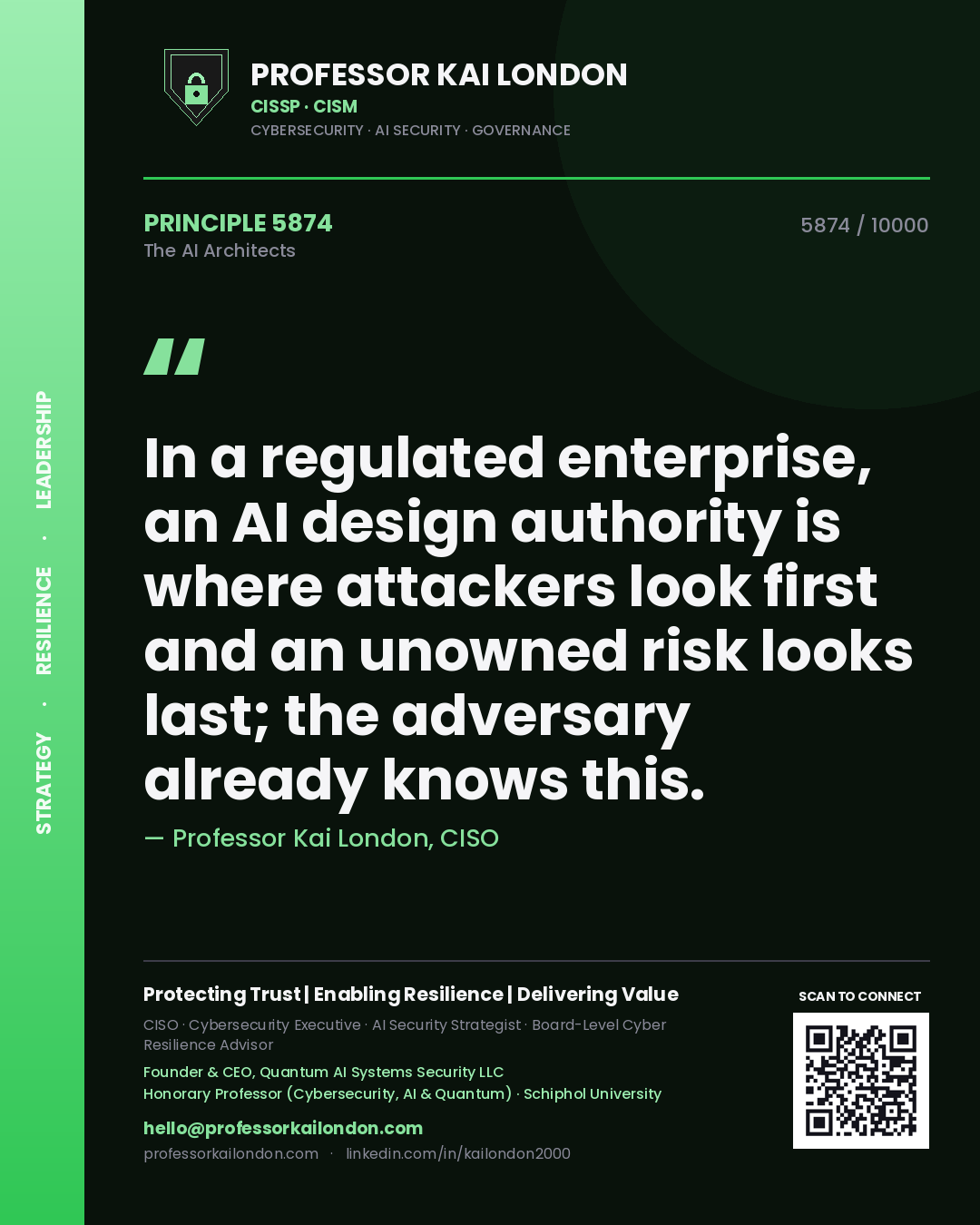 Quote card by Professor Kai London reading 'In a regulated enterprise, an AI design authority is where attackers look first and an unowned risk looks last; the adversary already knows this.'. From the book The AI Architects.