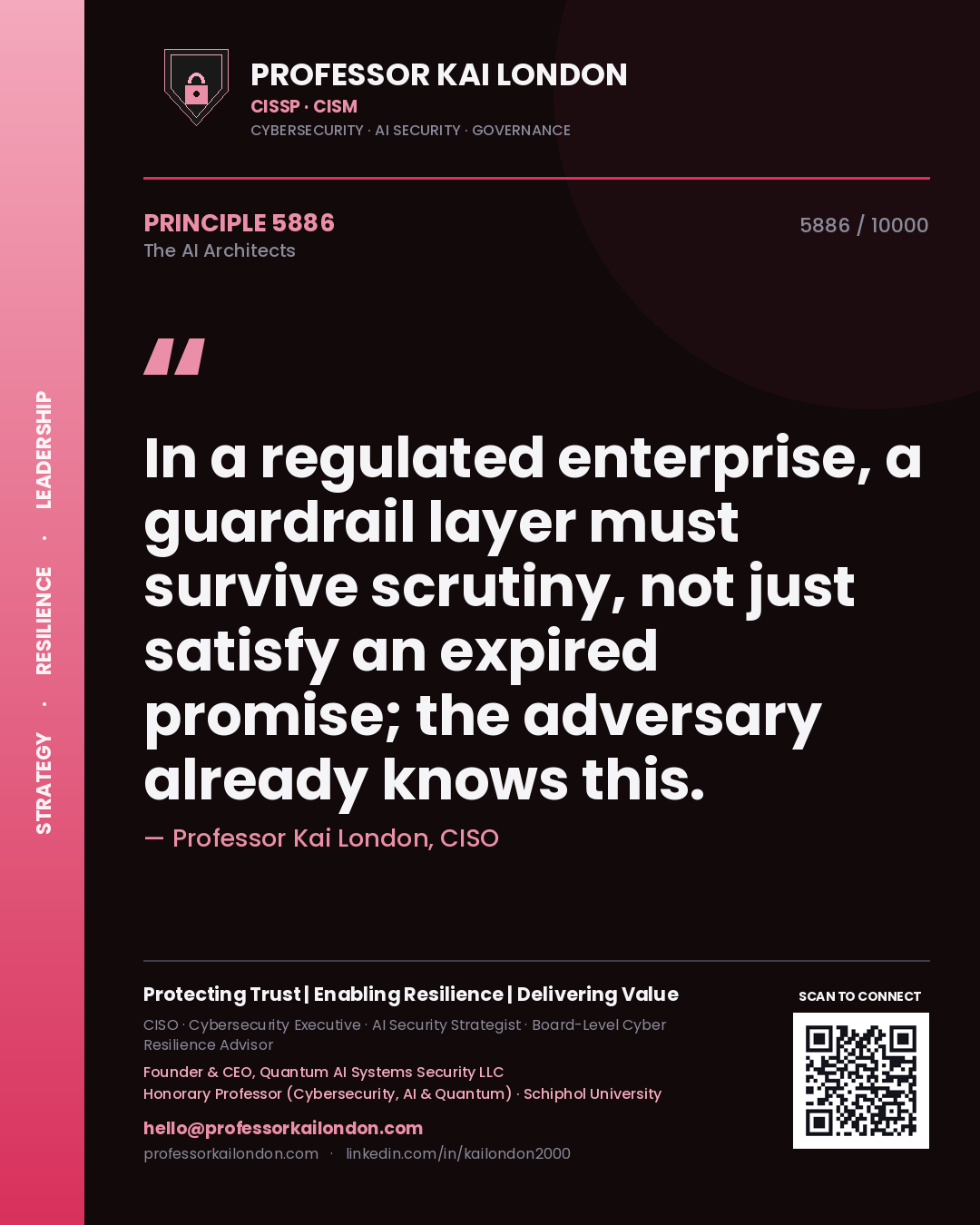 Quote card by Professor Kai London reading 'In a regulated enterprise, a guardrail layer must survive scrutiny, not just satisfy an expired promise; the adversary already knows this.'. From the book The AI Architects.