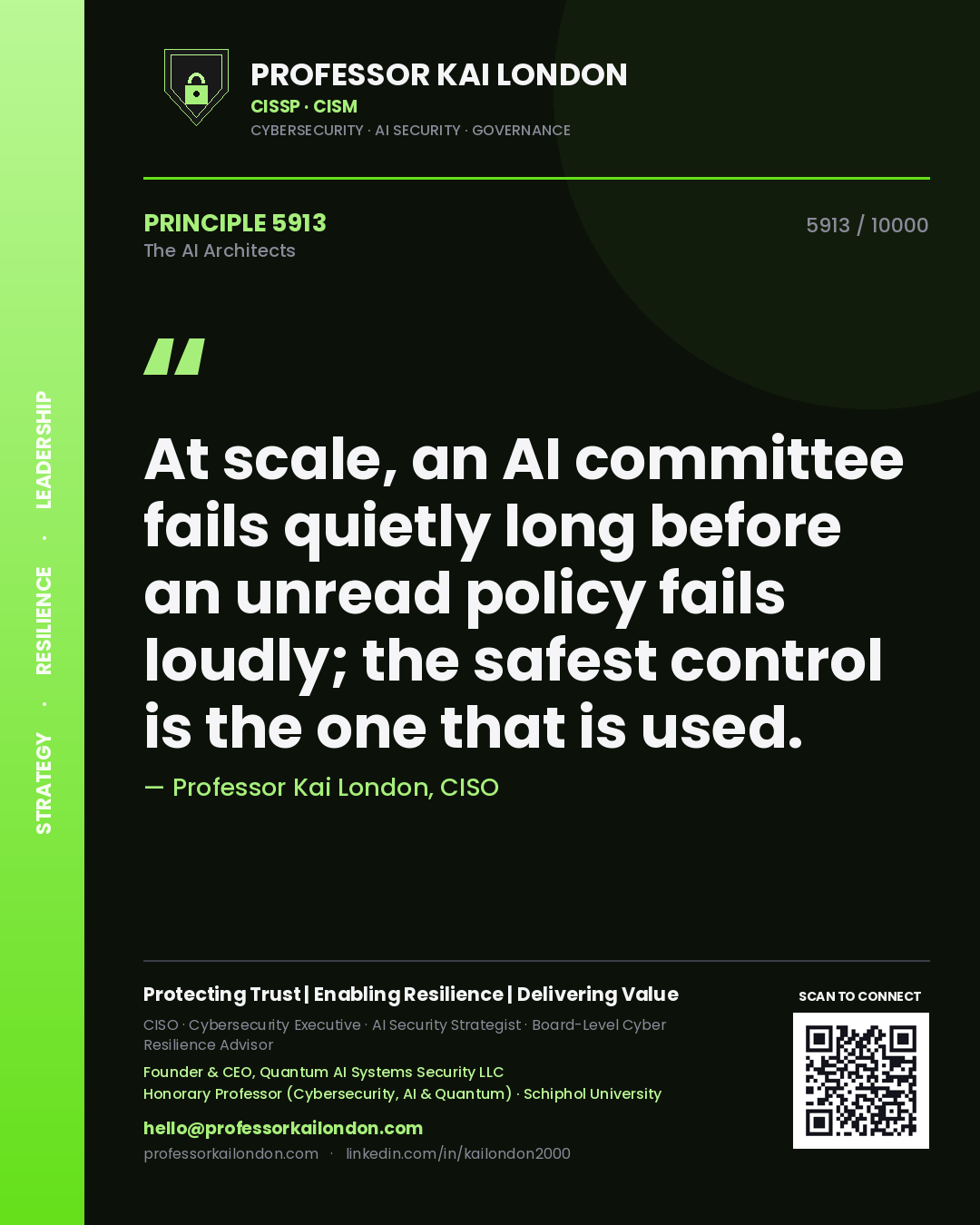 Quote card by Professor Kai London reading 'At scale, an AI committee fails quietly long before an unread policy fails loudly; the safest control is the one that is used.'. From the book The AI Architects.