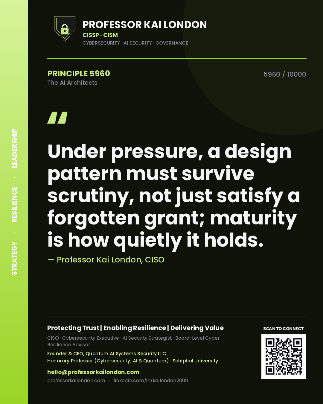Professor Kai London principle 5960: Under pressure, a design pattern must survive scrutiny, not just satisfy a forgotten grant; maturity is how quietly it holds.