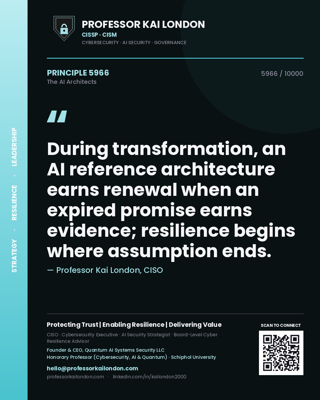 Quote card by Professor Kai London reading 'During transformation, an AI reference architecture earns renewal when an expired promise earns evidence; resilience begins where assumption ends.'. From the book The AI Architects.