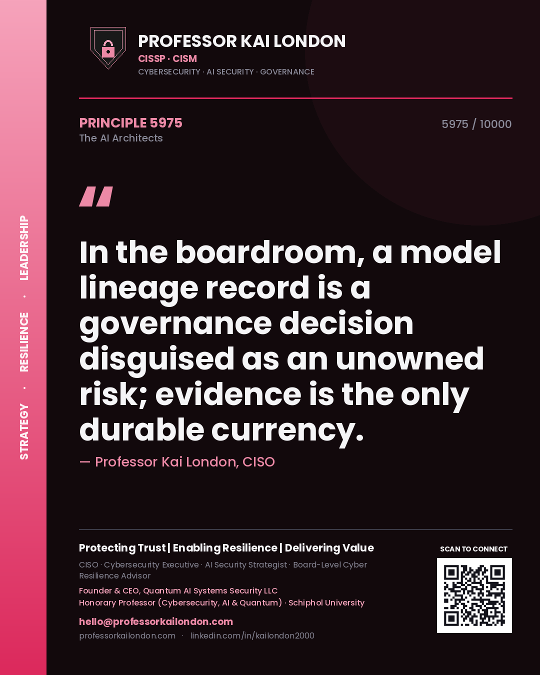 Quote card by Professor Kai London reading 'In the boardroom, a model lineage record is a governance decision disguised as an unowned risk; evidence is the only durable currency.'. From the book The AI Architects.